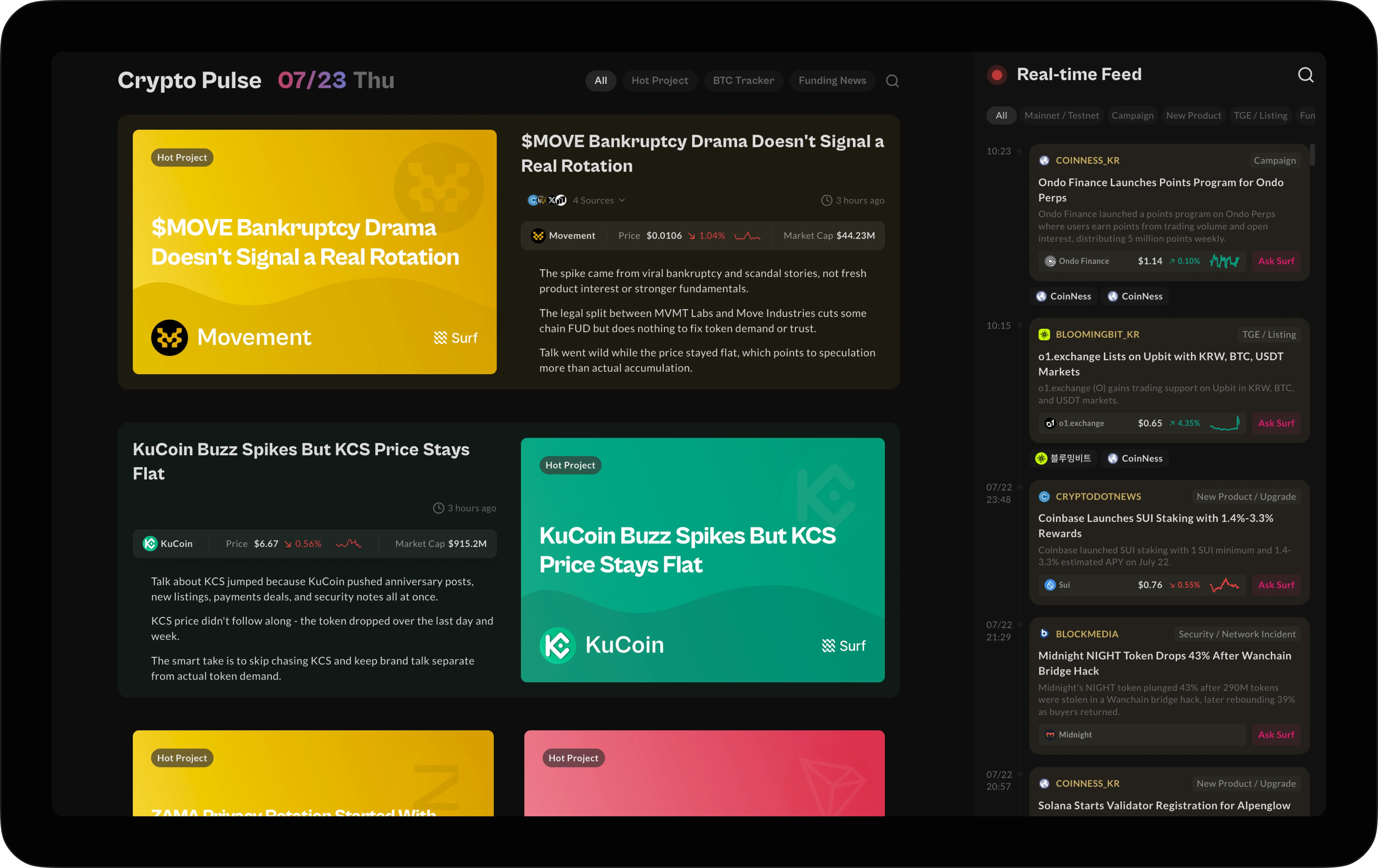 The Crypto Pulse feed: AI-written project briefings beside a live real-time event stream of listings, funding, and market moves.