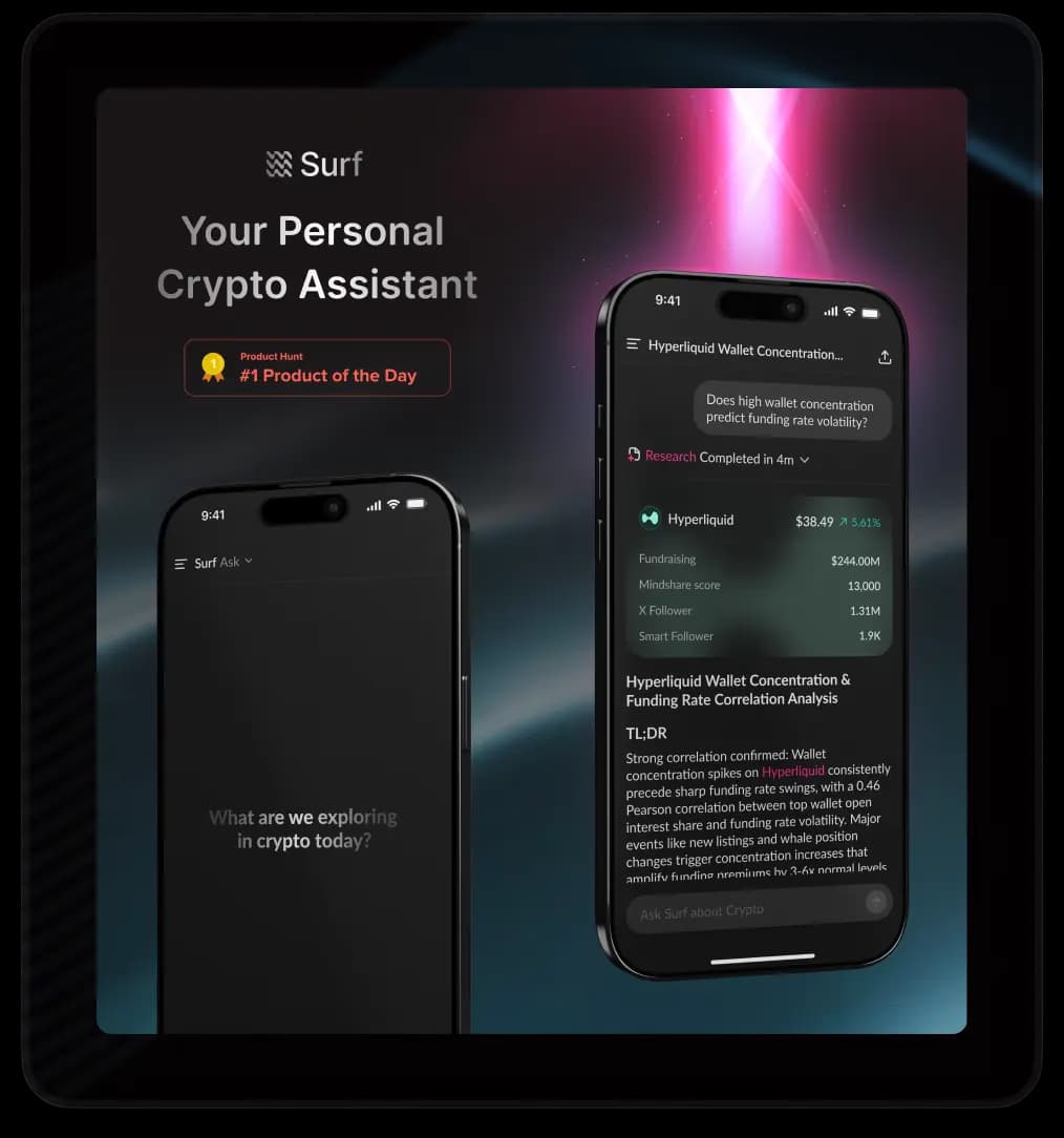 The Surf mobile app on two phones — a chat conversation on one, a research answer on the other.