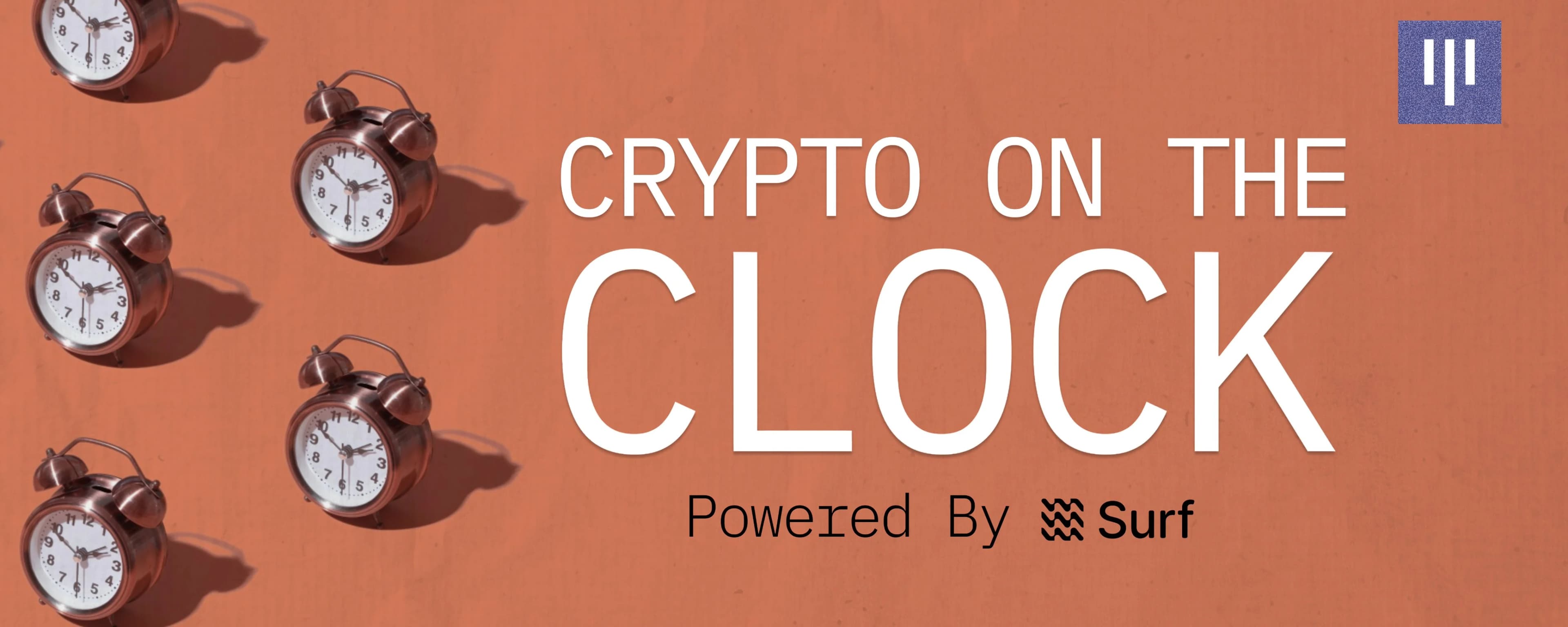 Crypto on the Clock case study artwork featuring alarm clocks and Surf branding